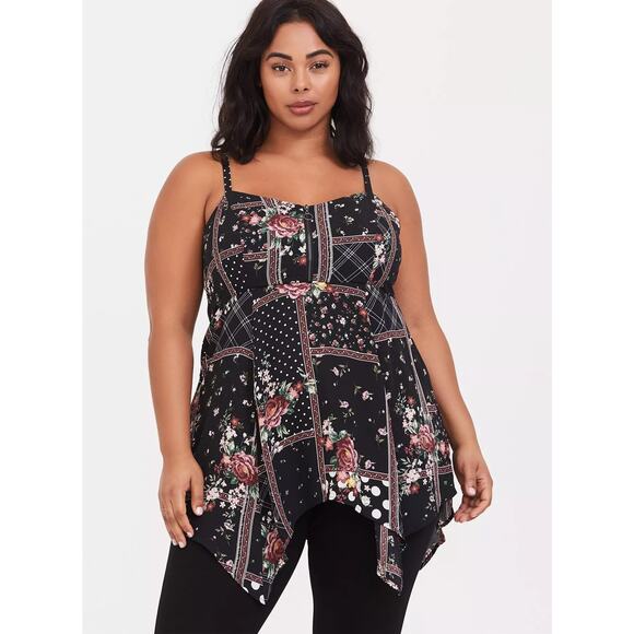 Torrid Floral Patchwork Zip Handkerchief Hem Babydoll Cami Top Size: 0X (12) - Picture 1 of 9